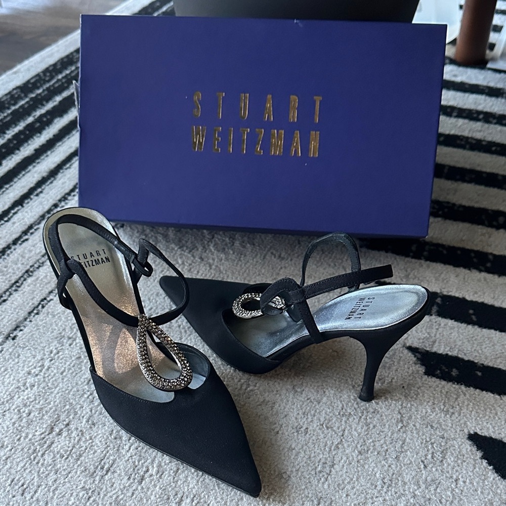Stuart Weitzman Accolade Black Peau Heels with Sparkling Rhinestones Detail